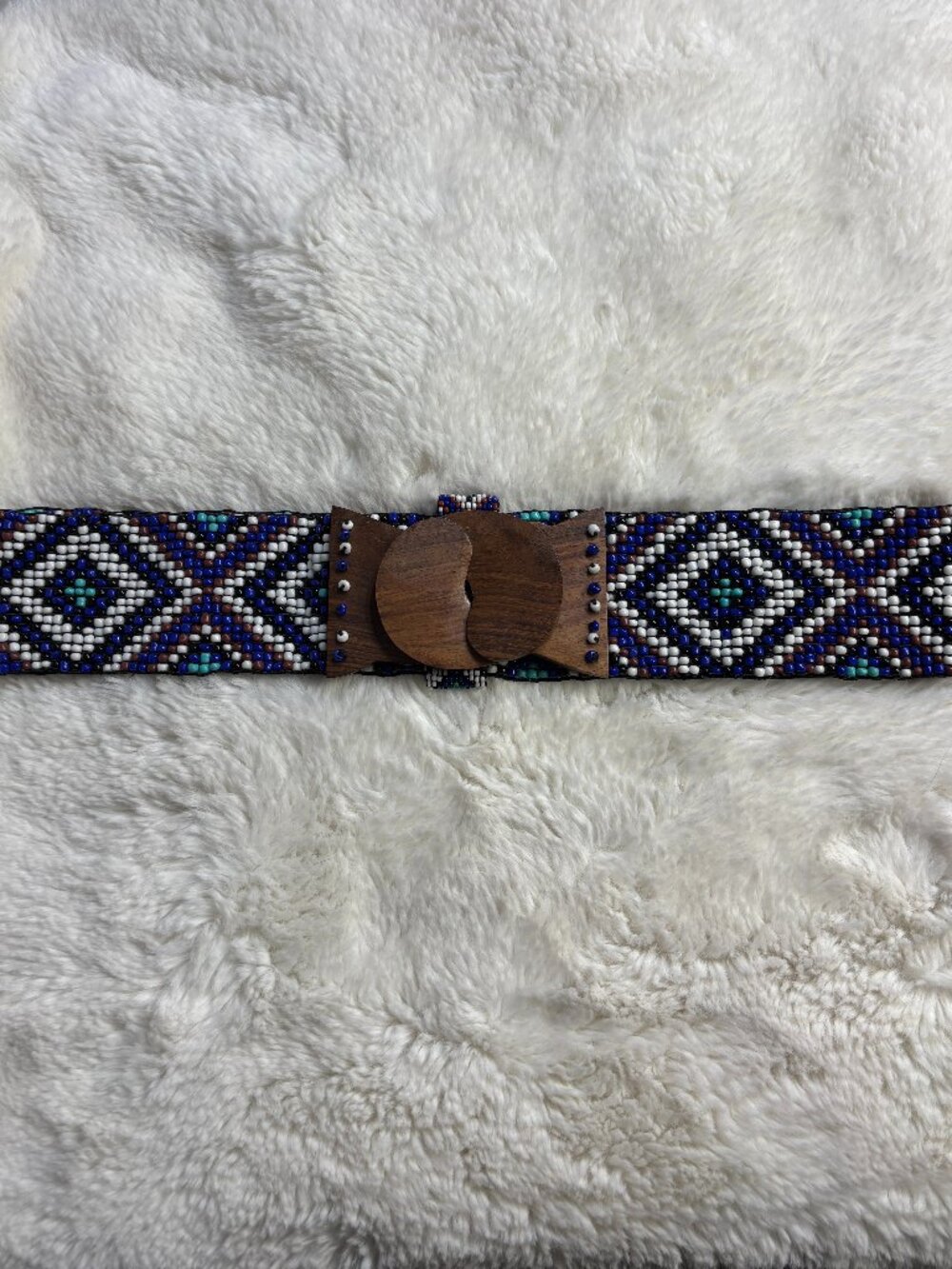 ☀️ Vintage Artisan Handmade Beaded Stretch Belt Geometric Wood Buckle Blue S/M